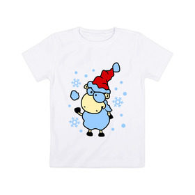 Детская футболка хлопок с принтом Барашек и снежок , 100% хлопок | круглый вырез горловины, полуприлегающий силуэт, длина до линии бедер | Тематика изображения на принте: барашек | зима | игра | новый год | овечка | овца | снег | снежки | снежок | шапка