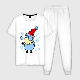 Мужская пижама хлопок с принтом Барашек и снежок , 100% хлопок | брюки и футболка прямого кроя, без карманов, на брюках мягкая резинка на поясе и по низу штанин
 | барашек | зима | игра | новый год | овечка | овца | снег | снежки | снежок | шапка
