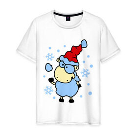 Мужская футболка хлопок с принтом Барашек и снежок , 100% хлопок | прямой крой, круглый вырез горловины, длина до линии бедер, слегка спущенное плечо. | барашек | зима | игра | новый год | овечка | овца | снег | снежки | снежок | шапка