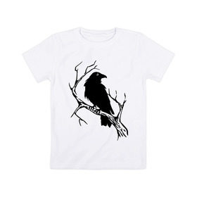 Детская футболка хлопок с принтом Ворон , 100% хлопок | круглый вырез горловины, полуприлегающий силуэт, длина до линии бедер | ветка | ворон | дерево | птица | сук