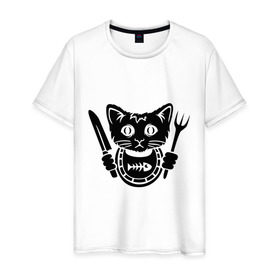 Мужская футболка хлопок с принтом Кот хочет кушать , 100% хлопок | прямой крой, круглый вырез горловины, длина до линии бедер, слегка спущенное плечо. | вилка | голод | голодный | кот | котенок | кошка | нож | салфетка