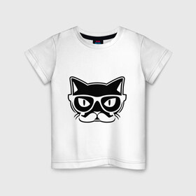 Детская футболка хлопок с принтом Учёный кот , 100% хлопок | круглый вырез горловины, полуприлегающий силуэт, длина до линии бедер | Тематика изображения на принте: голова | кот | очки | усы | ученый | хипстер