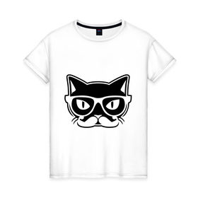 Женская футболка хлопок с принтом Учёный кот , 100% хлопок | прямой крой, круглый вырез горловины, длина до линии бедер, слегка спущенное плечо | голова | кот | очки | усы | ученый | хипстер