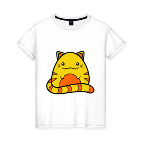 Женская футболка хлопок с принтом Довольный котик , 100% хлопок | прямой крой, круглый вырез горловины, длина до линии бедер, слегка спущенное плечо | довольный | кот | котенок | кошка | круглый | милый | яйцо