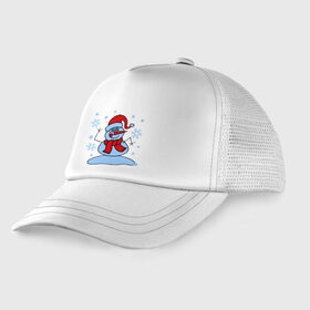 Детская кепка тракер с принтом Забавный снеговик , Козырек - 100% хлопок. Кепка - 100% полиэстер, Задняя часть - сетка | универсальный размер, пластиковая застёжка | Тематика изображения на принте: забавный | милый | новый год | снег | снеговик | шапка
