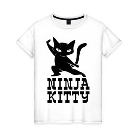 Женская футболка хлопок с принтом Ninja kitty , 100% хлопок | прямой крой, круглый вырез горловины, длина до линии бедер, слегка спущенное плечо | cat | kitty | ninja | киса | кот | котенок | кошка | ниндзя | нинзя