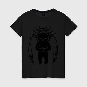 Женская футболка хлопок с принтом Кот ангелочек , 100% хлопок | прямой крой, круглый вырез горловины, длина до линии бедер, слегка спущенное плечо | крылья