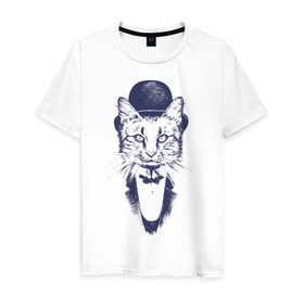 Мужская футболка хлопок с принтом Стильный кот , 100% хлопок | прямой крой, круглый вырез горловины, длина до линии бедер, слегка спущенное плечо. | джентльмен | киса | кот | котелок | кошка | манишка | стиль | фрак