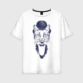Женская футболка хлопок Oversize с принтом Стильный кот , 100% хлопок | свободный крой, круглый ворот, спущенный рукав, длина до линии бедер
 | джентльмен | киса | кот | котелок | кошка | манишка | стиль | фрак