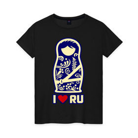 Женская футболка хлопок с принтом Я люблю Россию (i love ru) , 100% хлопок | прямой крой, круглый вырез горловины, длина до линии бедер, слегка спущенное плечо | 