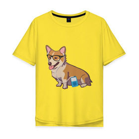 Мужская футболка хлопок Oversize с принтом Хипстер Корги , 100% хлопок | свободный крой, круглый ворот, “спинка” длиннее передней части | Тематика изображения на принте: корги | милота | модник | очки | пес | плеер | собаки | хипстер