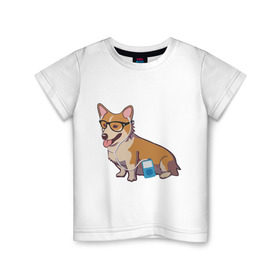 Детская футболка хлопок с принтом Хипстер Корги , 100% хлопок | круглый вырез горловины, полуприлегающий силуэт, длина до линии бедер | Тематика изображения на принте: корги | милота | модник | очки | пес | плеер | собаки | хипстер