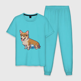 Мужская пижама хлопок с принтом Хипстер Корги , 100% хлопок | брюки и футболка прямого кроя, без карманов, на брюках мягкая резинка на поясе и по низу штанин
 | корги | милота | модник | очки | пес | плеер | собаки | хипстер