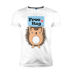 Мужская футболка премиум с принтом Ежик бесплатные обнимашки , 92% хлопок, 8% лайкра | приталенный силуэт, круглый вырез ворота, длина до линии бедра, короткий рукав | Тематика изображения на принте: free hugs | бесплатно | еж | обнимашки
