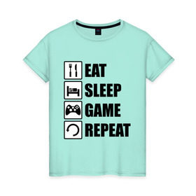 Женская футболка хлопок с принтом Repeat , 100% хлопок | прямой крой, круглый вырез горловины, длина до линии бедер, слегка спущенное плечо | Тематика изображения на принте: eat | game | repeat | sleep | еда | знаки | игры | перезагрузка | сон
