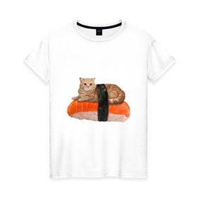 Женская футболка хлопок с принтом Котосуши , 100% хлопок | прямой крой, круглый вырез горловины, длина до линии бедер, слегка спущенное плечо | киса | кот | котосуши | рис | суши еда