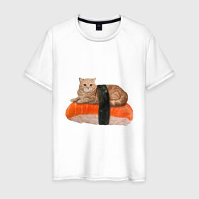 Мужская футболка хлопок с принтом Котосуши , 100% хлопок | прямой крой, круглый вырез горловины, длина до линии бедер, слегка спущенное плечо. | Тематика изображения на принте: киса | кот | котосуши | рис | суши еда
