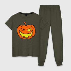 Женская пижама хлопок с принтом Подмигивающая тыква , 100% хлопок | брюки и футболка прямого кроя, без карманов, на брюках мягкая резинка на поясе и по низу штанин | halloween | тыква | хэллоуин