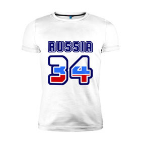 Мужская футболка премиум с принтом Russia - 34 (Волгоградская область) , 92% хлопок, 8% лайкра | приталенный силуэт, круглый вырез ворота, длина до линии бедра, короткий рукав | 34 | russia | волгоград | номер | регион | россия