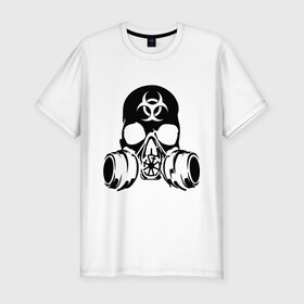 Мужская футболка премиум с принтом Радиоактивность , 92% хлопок, 8% лайкра | приталенный силуэт, круглый вырез ворота, длина до линии бедра, короткий рукав | Тематика изображения на принте: биологическая угроза | противогаз | радиация | респиратор | череп
