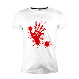 Мужская футболка премиум с принтом Кровавый отпечаток руки , 92% хлопок, 8% лайкра | приталенный силуэт, круглый вырез ворота, длина до линии бедра, короткий рукав | Тематика изображения на принте: кровь | отпечаток | пятно | рука | след