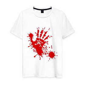 Мужская футболка хлопок с принтом Кровавый отпечаток руки , 100% хлопок | прямой крой, круглый вырез горловины, длина до линии бедер, слегка спущенное плечо. | кровь | отпечаток | пятно | рука | след