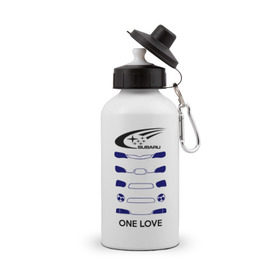 Бутылка спортивная с принтом One love subaru , металл | емкость — 500 мл, в комплекте две пластиковые крышки и карабин для крепления | logo | one love | sti | subaru | авто | лого | субарик | субару