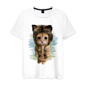 Мужская футболка хлопок с принтом Милый котик , 100% хлопок | прямой крой, круглый вырез горловины, длина до линии бедер, слегка спущенное плечо. | Тематика изображения на принте: cat | киса | котик | кошка | милаха | милый котик | шапка