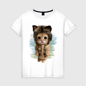 Женская футболка хлопок с принтом Милый котик , 100% хлопок | прямой крой, круглый вырез горловины, длина до линии бедер, слегка спущенное плечо | cat | киса | котик | кошка | милаха | милый котик | шапка