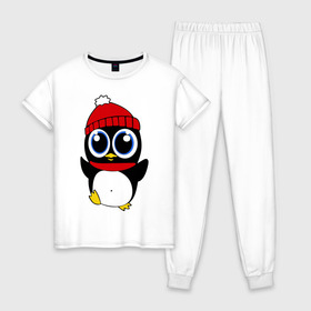 Женская пижама хлопок с принтом Пингвин , 100% хлопок | брюки и футболка прямого кроя, без карманов, на брюках мягкая резинка на поясе и по низу штанин | пингвин