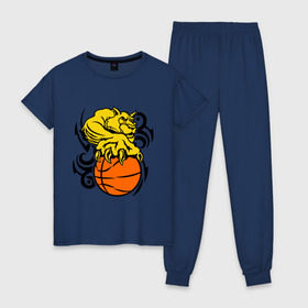 Женская пижама хлопок с принтом Тигр с мячом , 100% хлопок | брюки и футболка прямого кроя, без карманов, на брюках мягкая резинка на поясе и по низу штанин | basketball | баскетбол | мяч | пантера | тигр