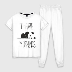 Женская пижама хлопок с принтом Ненавижу утро! , 100% хлопок | брюки и футболка прямого кроя, без карманов, на брюках мягкая резинка на поясе и по низу штанин | панда