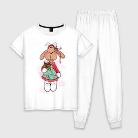 Женская пижама хлопок с принтом Овечка , 100% хлопок | брюки и футболка прямого кроя, без карманов, на брюках мягкая резинка на поясе и по низу штанин | 