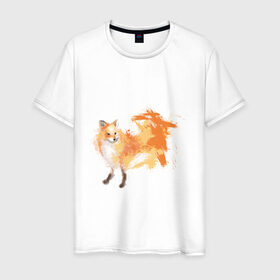 Мужская футболка хлопок с принтом Лиса акварель , 100% хлопок | прямой крой, круглый вырез горловины, длина до линии бедер, слегка спущенное плечо. | Тематика изображения на принте: fox | акварель | животные | лисы | мило