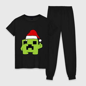 Женская пижама хлопок с принтом Minecraft , 100% хлопок | брюки и футболка прямого кроя, без карманов, на брюках мягкая резинка на поясе и по низу штанин | 2015 | minecraft | игры | маинкрафт | новый год | шапка