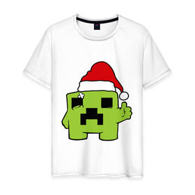 Мужская футболка хлопок с принтом Minecraft , 100% хлопок | прямой крой, круглый вырез горловины, длина до линии бедер, слегка спущенное плечо. | Тематика изображения на принте: 2015 | minecraft | игры | маинкрафт | новый год | шапка