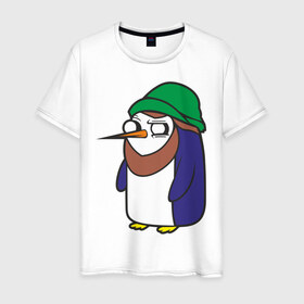 Мужская футболка хлопок с принтом Пингвин в шапке , 100% хлопок | прямой крой, круглый вырез горловины, длина до линии бедер, слегка спущенное плечо. | Тематика изображения на принте: борода | пингвин