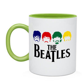 Кружка двухцветная с принтом The Beatles 3 , керамика | объем — 330 мл, диаметр — 80 мм. Цветная ручка и кайма сверху, в некоторых цветах — вся внутренняя часть | beatles | harrison | lennon | mccartmey | starr | битлз