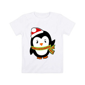 Детская футболка хлопок с принтом Зимний пингвинчик , 100% хлопок | круглый вырез горловины, полуприлегающий силуэт, длина до линии бедер | Тематика изображения на принте: пингвин