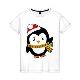 Женская футболка хлопок с принтом Зимний пингвинчик , 100% хлопок | прямой крой, круглый вырез горловины, длина до линии бедер, слегка спущенное плечо | пингвин