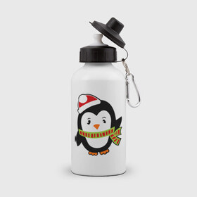 Бутылка спортивная с принтом Зимний пингвинчик , металл | емкость — 500 мл, в комплекте две пластиковые крышки и карабин для крепления | Тематика изображения на принте: пингвин