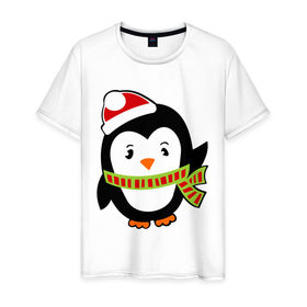 Мужская футболка хлопок с принтом Зимний пингвинчик , 100% хлопок | прямой крой, круглый вырез горловины, длина до линии бедер, слегка спущенное плечо. | пингвин