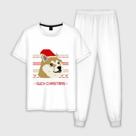 Мужская пижама хлопок с принтом Such christmas , 100% хлопок | брюки и футболка прямого кроя, без карманов, на брюках мягкая резинка на поясе и по низу штанин
 | Тематика изображения на принте: 2015 | such christmas | новый год | праздник | собака | шапка