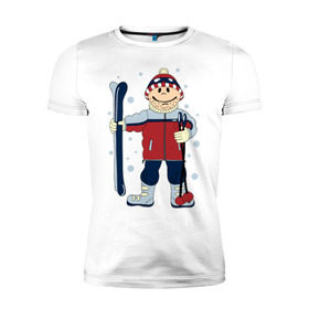 Мужская футболка премиум с принтом Лыжник , 92% хлопок, 8% лайкра | приталенный силуэт, круглый вырез ворота, длина до линии бедра, короткий рукав | лыжи | лыжник | палки | снег | снежинки | спорт