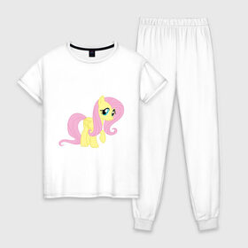 Женская пижама хлопок с принтом Пони пегас Флаттершай , 100% хлопок | брюки и футболка прямого кроя, без карманов, на брюках мягкая резинка на поясе и по низу штанин | my little pony | пегас | пони | флаттершай