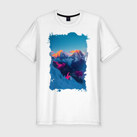 Мужская футболка премиум с принтом Снежные горы , 92% хлопок, 8% лайкра | приталенный силуэт, круглый вырез ворота, длина до линии бедра, короткий рукав | пейзаж | рассвет