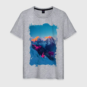 Мужская футболка хлопок с принтом Снежные горы , 100% хлопок | прямой крой, круглый вырез горловины, длина до линии бедер, слегка спущенное плечо. | Тематика изображения на принте: пейзаж | рассвет