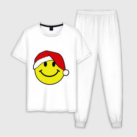 Мужская пижама хлопок с принтом Новогодняя рожица , 100% хлопок | брюки и футболка прямого кроя, без карманов, на брюках мягкая резинка на поясе и по низу штанин
 | Тематика изображения на принте: new year | smile | новый год | смайл