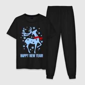 Мужская пижама хлопок с принтом Олень с шарфом , 100% хлопок | брюки и футболка прямого кроя, без карманов, на брюках мягкая резинка на поясе и по низу штанин
 | new year | новый год | олень | шарф