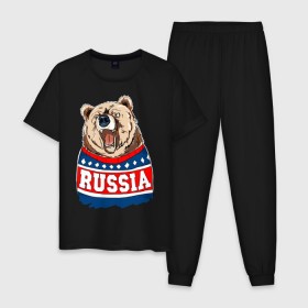Мужская пижама хлопок с принтом Медведь made in Russia , 100% хлопок | брюки и футболка прямого кроя, без карманов, на брюках мягкая резинка на поясе и по низу штанин
 | made in russia | mountain | russia | кофта | медведь | мишка | патриот | россия | свитер